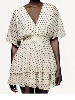 Zara Cream and Black Polka-Dot Tiered Layered Mini Dress Size XXL